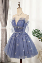 Party Dress Over 88, Diamond Blue Tulle Short Homecoming Dress