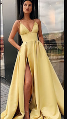 Flowy Dress, Different Colors A-line Satin Sleeveless Spaghetti Straps Slit Prom Dress
