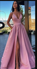Bow Dress, Different Colors A-line Satin Sleeveless Spaghetti Straps Slit Prom Dress