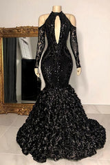 Bridesmaid Dresses Color, Dignified Black Halter Long Sleeve Transparent Lace Sequin Mermaid Prom Dresses