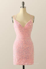 Bridesmaid Dresses Vintage, Double Straps Pink Sequin Bodycon Mini Dress
