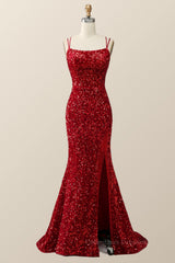Prom Dresses 2059 Black, Double Straps Red Sequin Mermaid Long Prom Dress