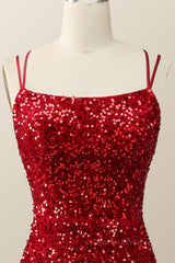 Prom Dress Tight Fitting, Double Straps Red Sequin Mermaid Long Prom Dress