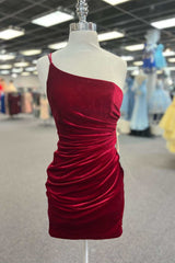 Evening Dress Open Back, Double Straps Red Velvet Pleated Bodycon Homecoming Dress