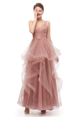 Prom Dress Styling Hair, Double V-Neck Beaded Applique Layered Tulle Prom Dresses