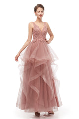 Prom Dress Modest, Double V-Neck Beaded Applique Layered Tulle Prom Dresses