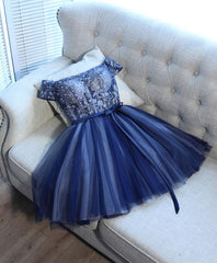 Bridesmaid Dresses Mismatched Spring, Blue Lace Off Shoulder Short Prom Dress, Blue Evening Dress