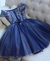 Bridesmaid Dresses Sleeveless, Blue Lace Off Shoulder Short Prom Dress, Blue Evening Dress