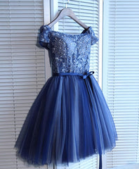 Bridesmaid Dress Sleeveless, Blue Lace Off Shoulder Short Prom Dress, Blue Evening Dress