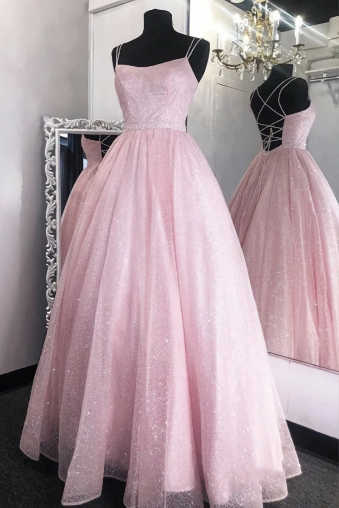 Party Dresses For Girl, Shiny Backless Pink Sequins Long Prom Dress, Pink Formal Evening Dress, Sparkly Ball Gown
