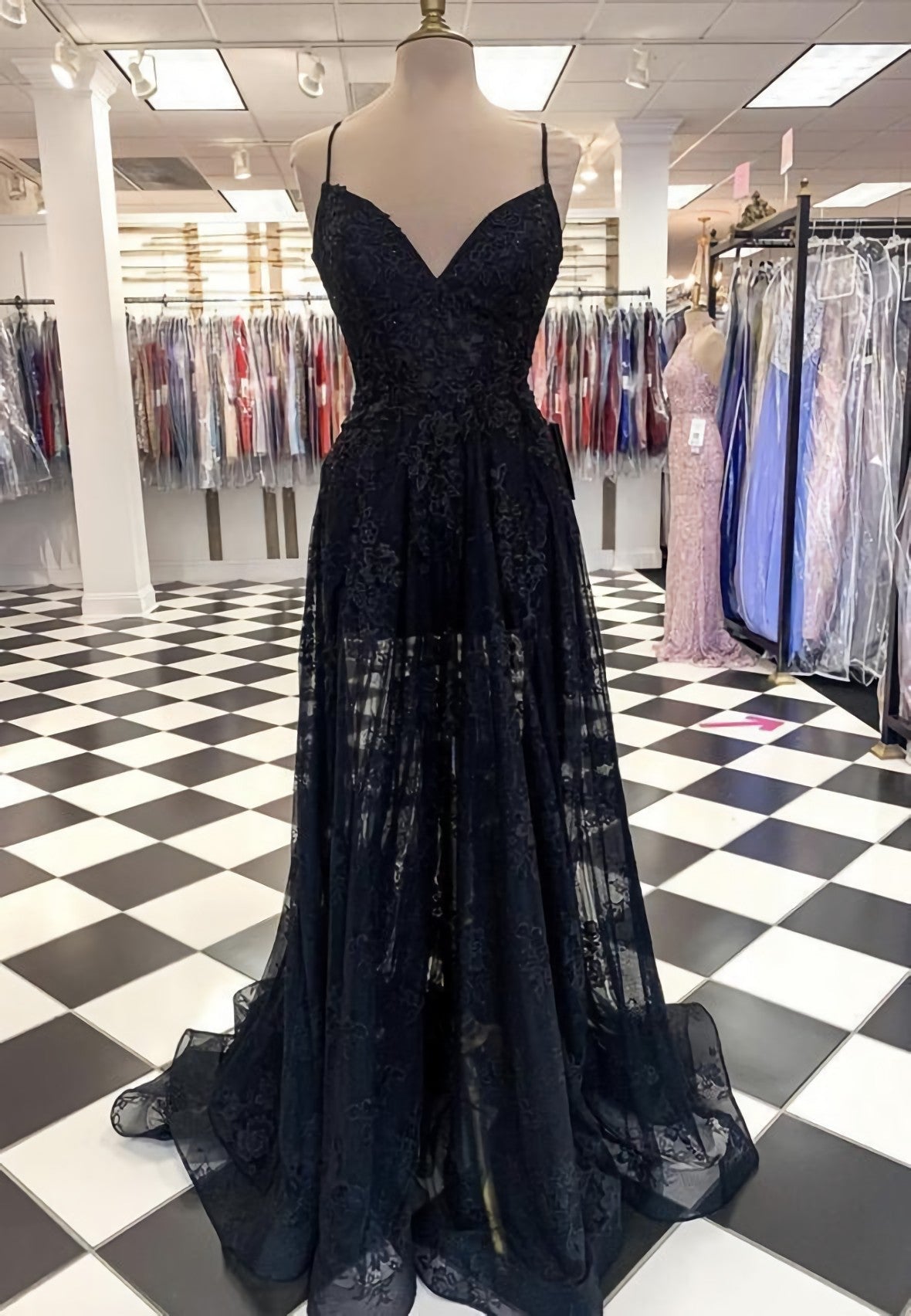 Night Out Outfit, Black Tulle Lace Long Prom Dress, Black Evening Dress