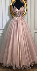 Party Dress Code Idea, A Line V Neck Tulle Long Prom Dresses, Pearl Pink Appliques Formal Evening Dress