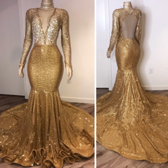 Party Dress Big Size, Black Girl Prom Dresses, Open Back Gold Prom Dresses, Cheap With Choker Long Sleeve Mermaid V Neck Sexy Evening Gowns With Crystals