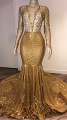 Party Dress Dames, Black Girl Prom Dresses, Open Back Gold Prom Dresses, Cheap With Choker Long Sleeve Mermaid V Neck Sexy Evening Gowns With Crystals