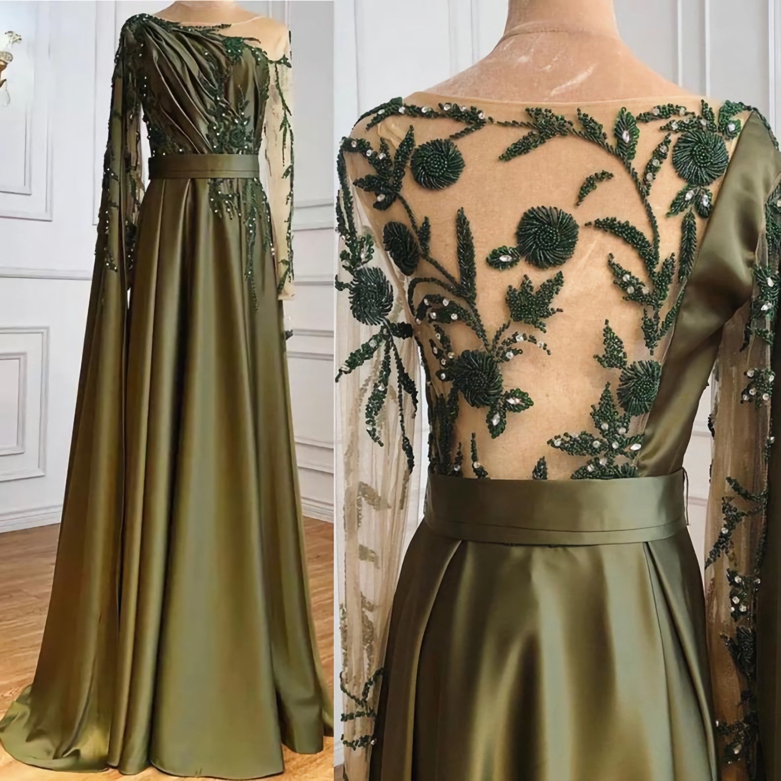 Party Dresses For Christmas Party, Luxury Olive Green Evening Moroccan Dress, Beading Sequined Formal Party Wear Gown Dubai Evening Dress