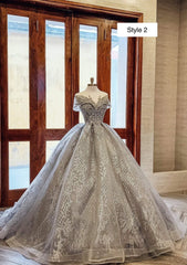 Wedding Dress Designers, Modern Sparkly Grey Silver Long Or Cap Sleeves Ball Gown Wedding Prom Dress With Glitter Tulle