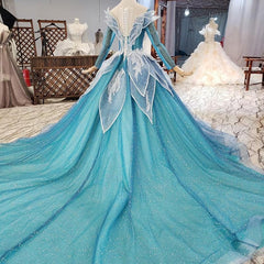 Wedding Dress Designer, Blue Princess Sparkle Frost Fairy Queen Costume Wedding Dress, Bridal Ball Gown Long Sleeve Long Train Cosplay Off The Shoulder