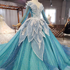 Wedding Dress On A Budget, Blue Princess Sparkle Frost Fairy Queen Costume Wedding Dress, Bridal Ball Gown Long Sleeve Long Train Cosplay Off The Shoulder