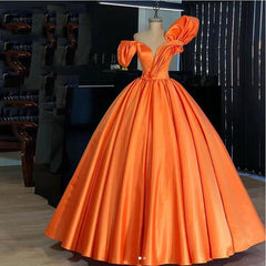 Party Dress Shiny, Orange Satin Puffy Prom Dresses, Vintage Pleated 3D Flower Long Prom Gowns Plus Size Formal Party Dress
