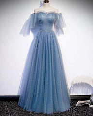 Party Dress Ideas For Winter, Sparkly Gorgeous A Line Off The Shoulder Dusty Blue Tulle Prom Dresses With Beading