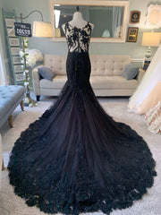 Wedding Dresses With Sleeves, Black Wedding Dress, Gothic Wedding Dress, Mermaid Black Dress, A Line Wedding Dress, Black Lace Wedding Dress, Illusion Back Wedding Dress