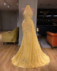 Party Dresses Summer Dresses 2033, Yellow Evening Dresses, Long High Neck Sparkly Feather Luxury Bling Evening Gown Formal Dress, Long Prom Dress
