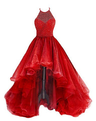 Party Dresses Sleeves, Organza With Beaded Bodice Halter High Low Prom Dress, Pageant Dress