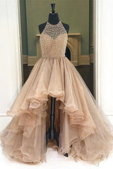 Party Dress With Sleeves, Organza With Beaded Bodice Halter High Low Prom Dress, Pageant Dress