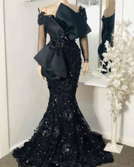 Party Dresses For Summer, Elegant African Black Mermaid Evening Dresses, Full Sleeves Lace Appliqued Beaded Arabic Aso Prom Gowns With Bow Robe De Soiree