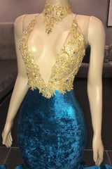 Party Dress Black, V Neck Appliques Spaghetti Straps Velvet Royal Blue Mermaid Prom Dresses