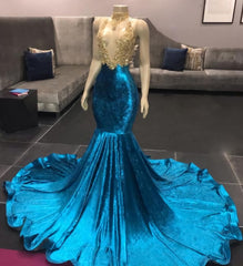 Party Dresses Summer Dresses, V Neck Appliques Spaghetti Straps Velvet Royal Blue Mermaid Prom Dresses