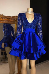 Party Dresses Summer, Royal Blue V Neck Mini A Line Party Party Dresses With Long Sleeves
