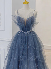 Party Dress For Ladies, Blue Sweetheart Tulle Sequin Long Prom Dress, Blue Evening Dress