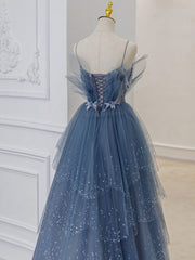 Party Dresses For Ladies, Blue Sweetheart Tulle Sequin Long Prom Dress, Blue Evening Dress