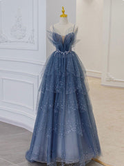 Party Dresses Fall, Blue Sweetheart Tulle Sequin Long Prom Dress, Blue Evening Dress