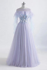 Formal Dress With Sleeve, Princess Tulle Jewel Floor-length Prom Dress With Lace Appliques