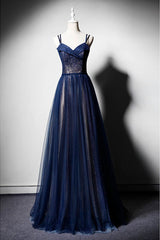 Party Dress Lace, Navy Blue Tulle V Neck Long Women Prom Dress, Lace Up Evening Dress