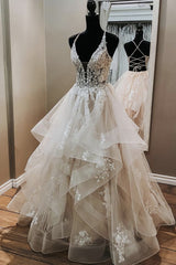 Wedding Dresses Lace, V Neck Backless Light Champagne Lace Wedding Dresses, Open Back Champagne Lace Formal Prom Dresses