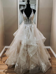 Wedding Dress Ideas, V Neck Backless Light Champagne Lace Wedding Dresses, Open Back Champagne Lace Formal Prom Dresses
