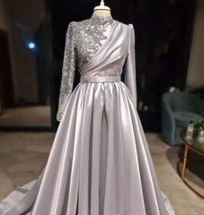 Wedding Dresses Flowers, Rose Gold Silver Prom Dress, Long Sleeves Dubai Evening Dresses, Muslim Women Wedding Party Gowns 2024 Elegant Silver Grey Arabic Engagement