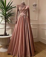 Wedding Dress Flower, Rose Gold Silver Prom Dress, Long Sleeves Dubai Evening Dresses, Muslim Women Wedding Party Gowns 2024 Elegant Silver Grey Arabic Engagement