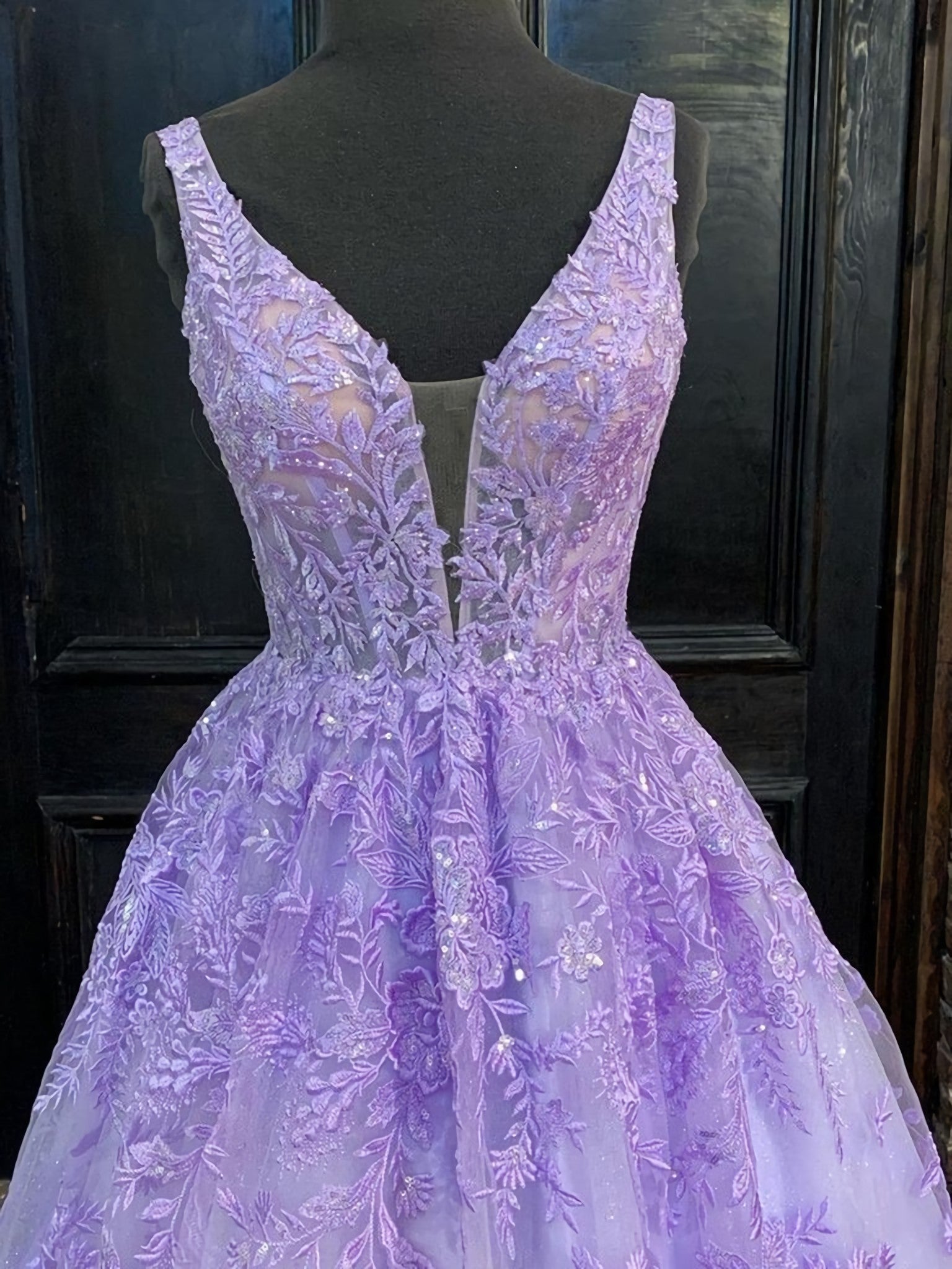 Party Dress Classy Elegant, Deep V Neck Purple Lace Long Prom Dresses, Purple Lace Formal Graduation Evening Dresses