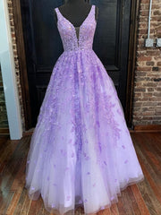 Party Dresses Classy Elegant, Deep V Neck Purple Lace Long Prom Dresses, Purple Lace Formal Graduation Evening Dresses