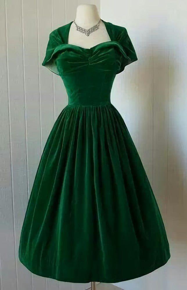 Party Dresses Night, 1950S Vintage Prom Dress, Green Velvet Homecoming Dress