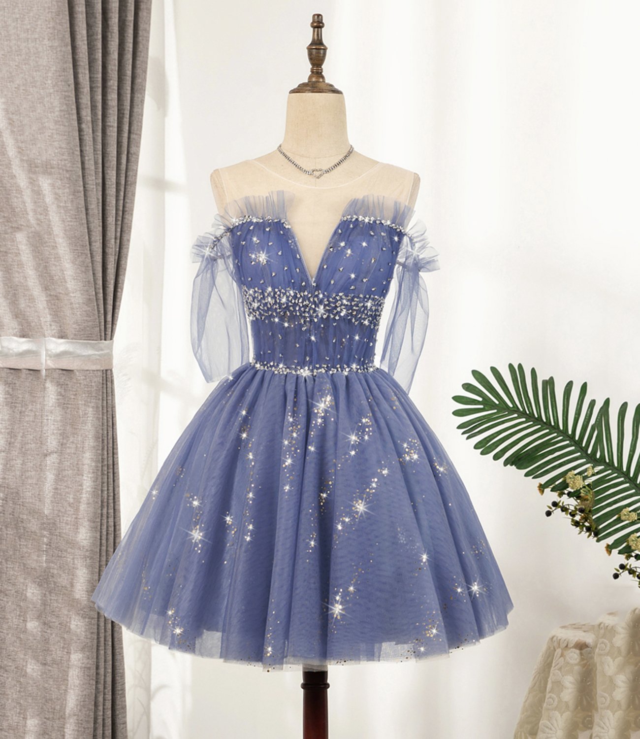 Party Dressed Short, Blue Tulle Sequins Short A Line Homecoming Dress, Party Dress