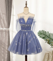 Party Dressed Short, Blue Tulle Sequins Short A Line Homecoming Dress, Party Dress