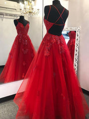 Party Dress Vintage, Red Long Prom Dress With Appliques And Beading Evening Dress, Pageant Dance Dresses, Graduation School Party Gown