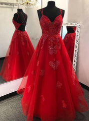 Party Dresses Vintage, Red Long Prom Dress With Appliques And Beading Evening Dress, Pageant Dance Dresses, Graduation School Party Gown