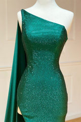 Party Dresses Outfit Ideas, Elegant One Shoulder Emerald Green Long Prom Dress With Shawl