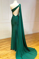 Party Dress Outfits Ideas, Elegant One Shoulder Emerald Green Long Prom Dress With Shawl